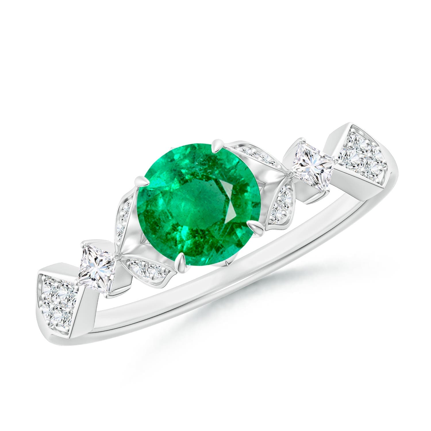 Vintage Style Round Emerald Engagement Ring with Leaf Motifs