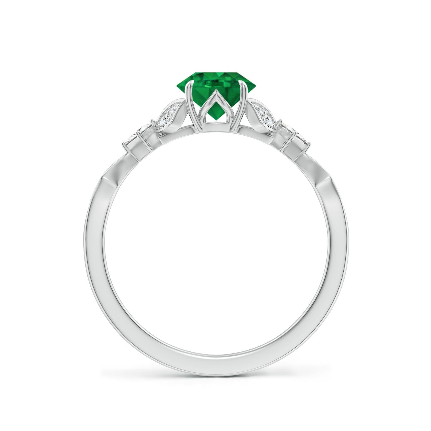 Vintage Style Round Emerald Engagement Ring with Leaf Motifs