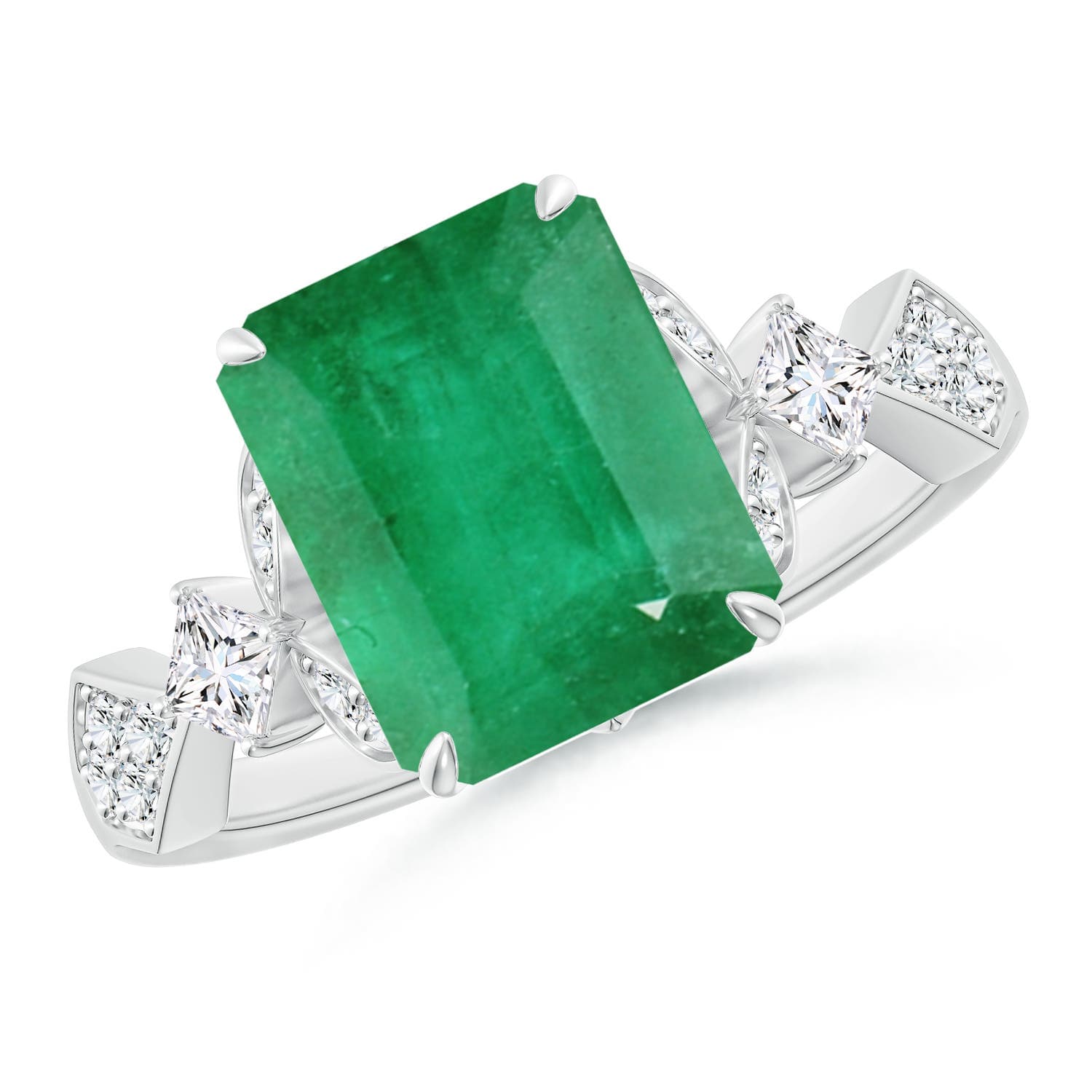 Vintage Style Emerald-Cut Emerald Engagement Ring with Leaf Motifs
