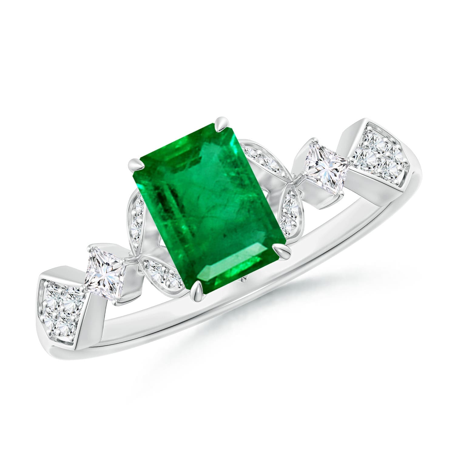 Vintage Style Emerald-Cut Emerald Engagement Ring with Leaf Motifs