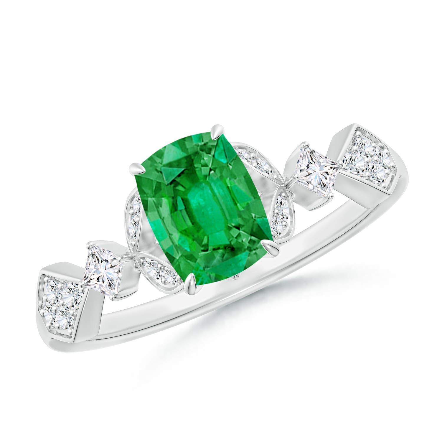 Vintage Style Cushion Rectangular Emerald Engagement Ring with Leaf Motifs