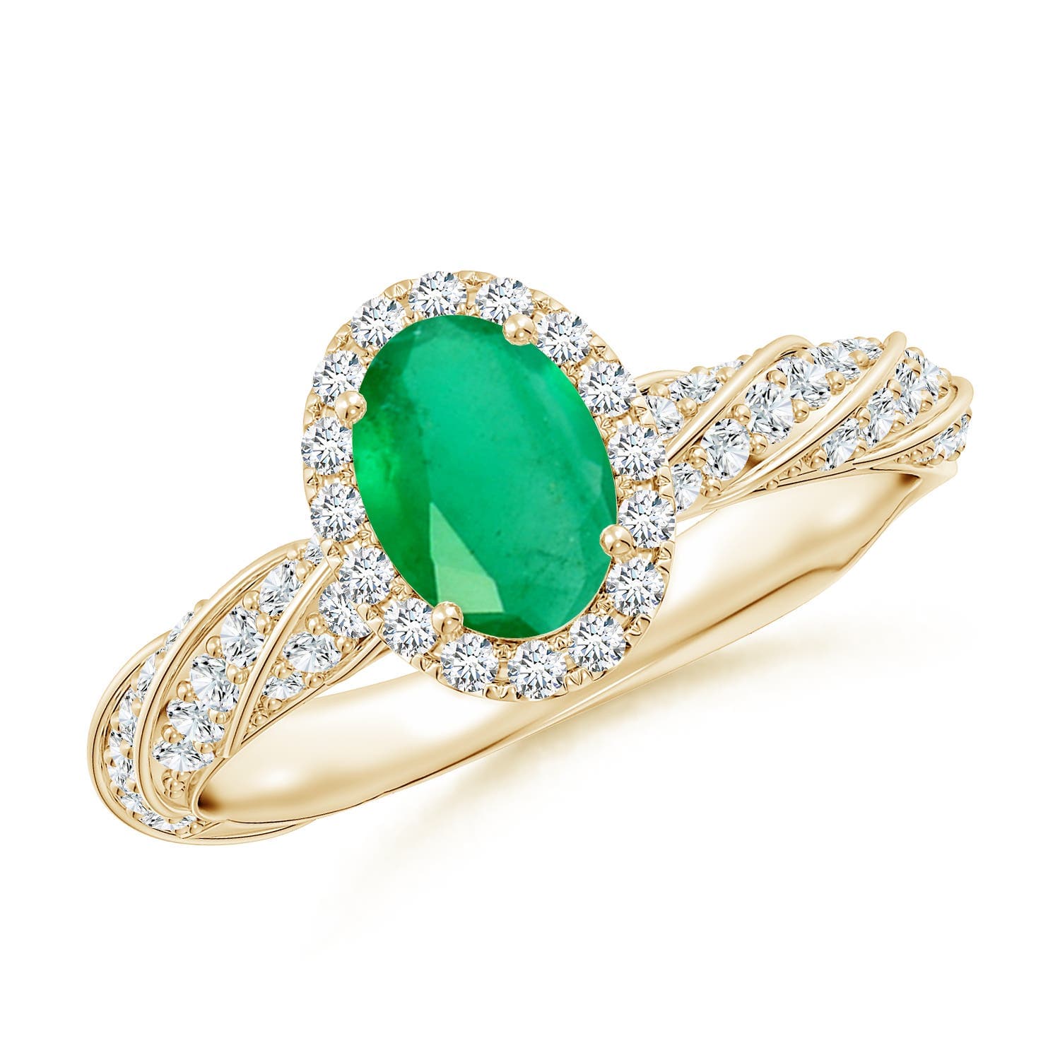 Oval Emerald Halo Twisted Rope Shank Engagement Ring