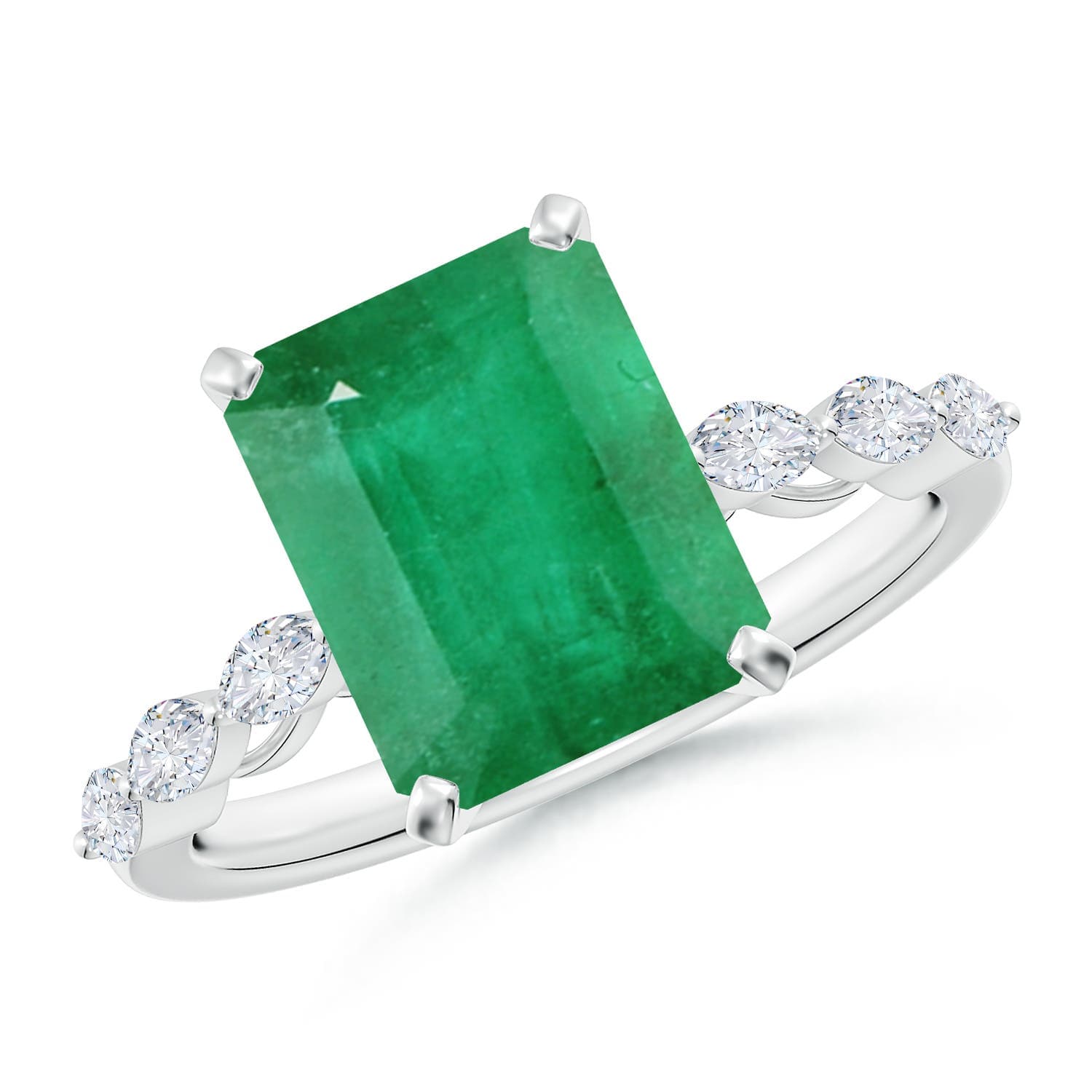 Prong-Set Emerald-Cut Emerald Engagement Ring with Marquise Diamonds