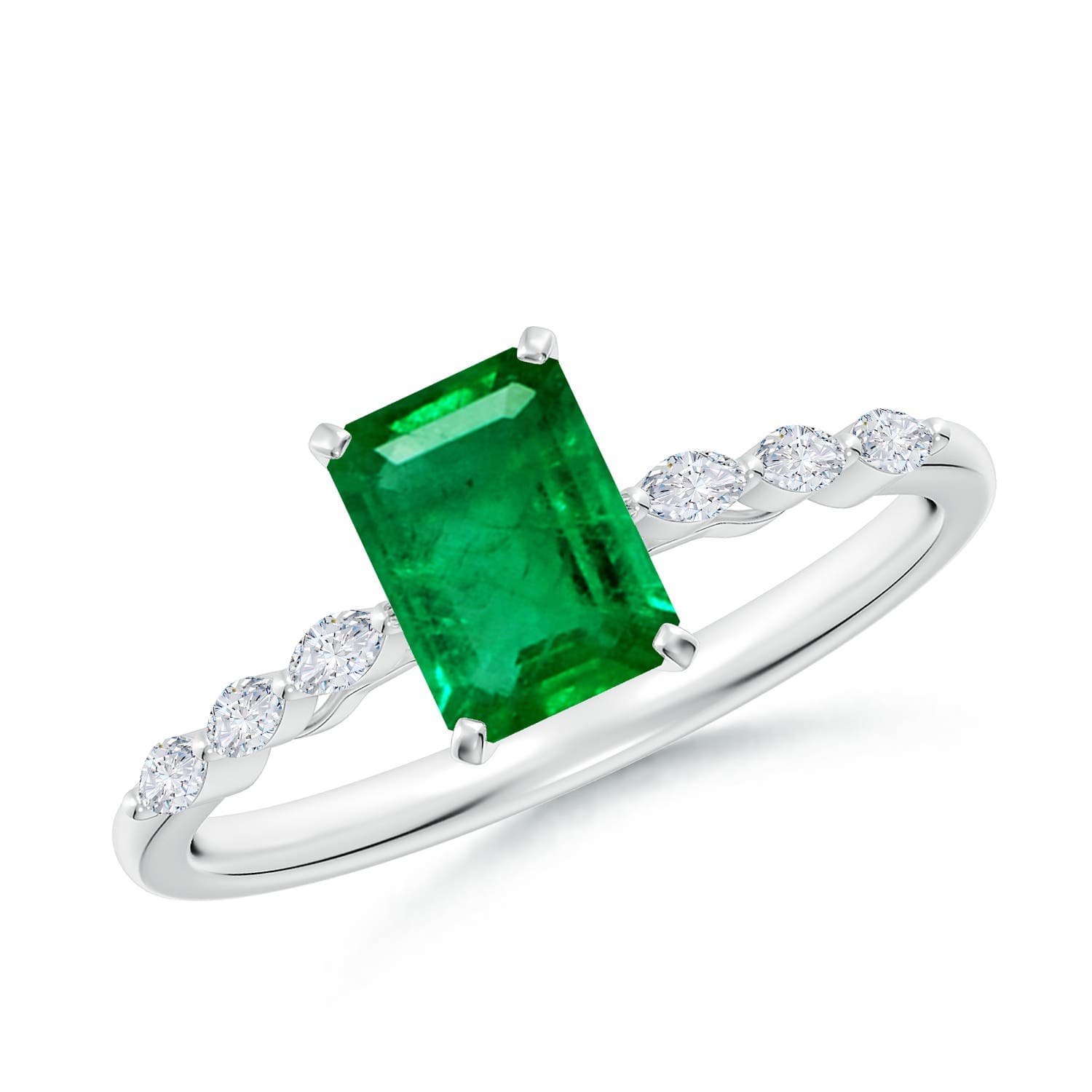Prong-Set Emerald-Cut Emerald Engagement Ring with Marquise Diamonds