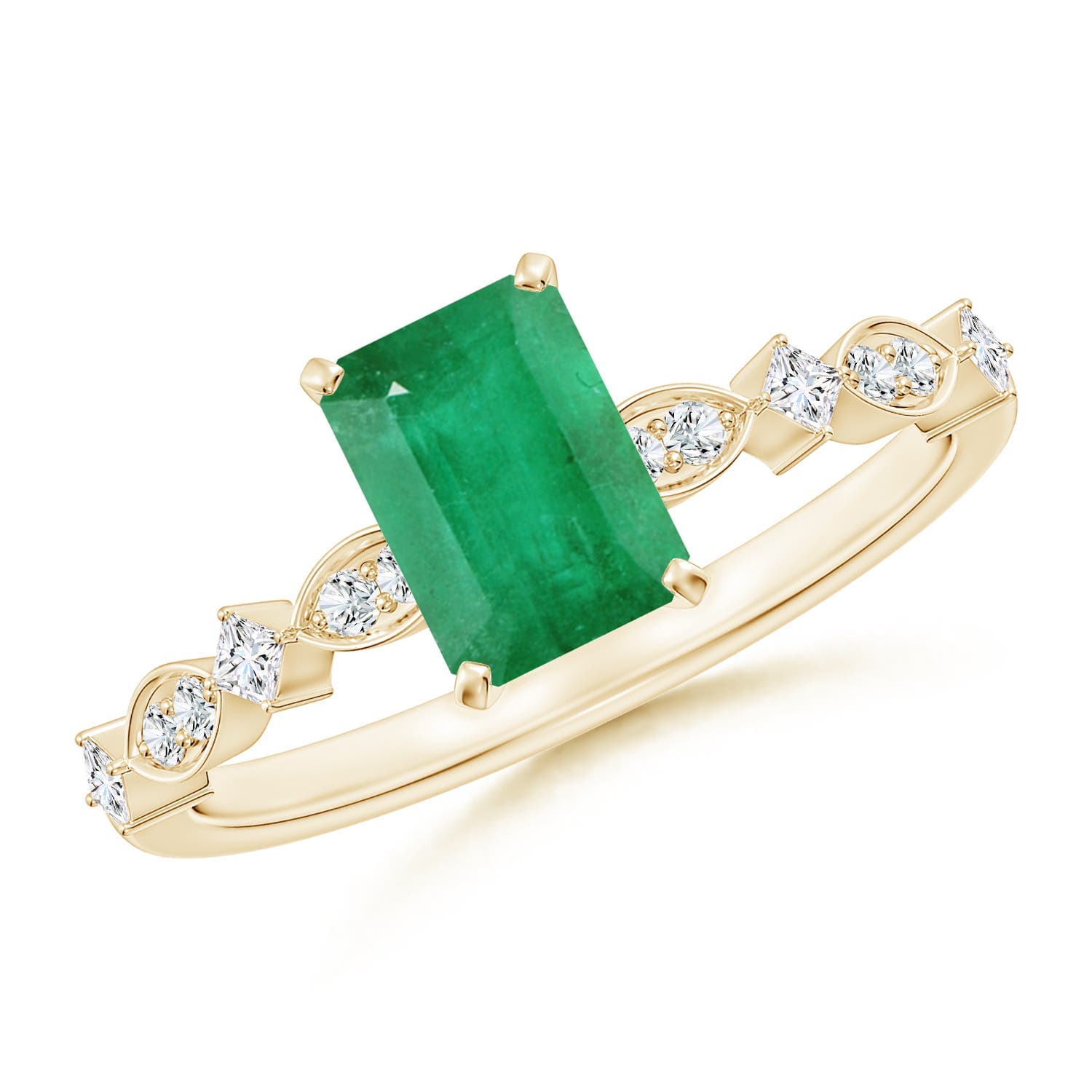 Prong-Set Emerald-Cut Emerald Engagement Ring with Marquise Motifs