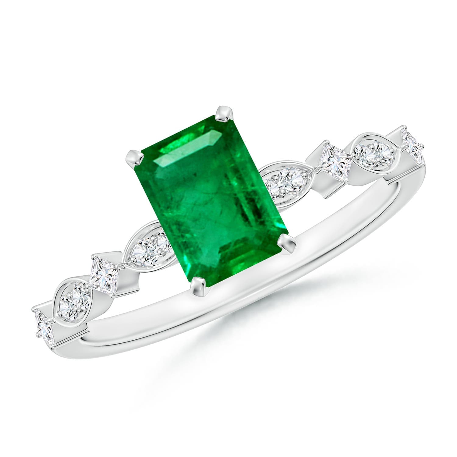 Prong-Set Emerald-Cut Emerald Engagement Ring with Marquise Motifs