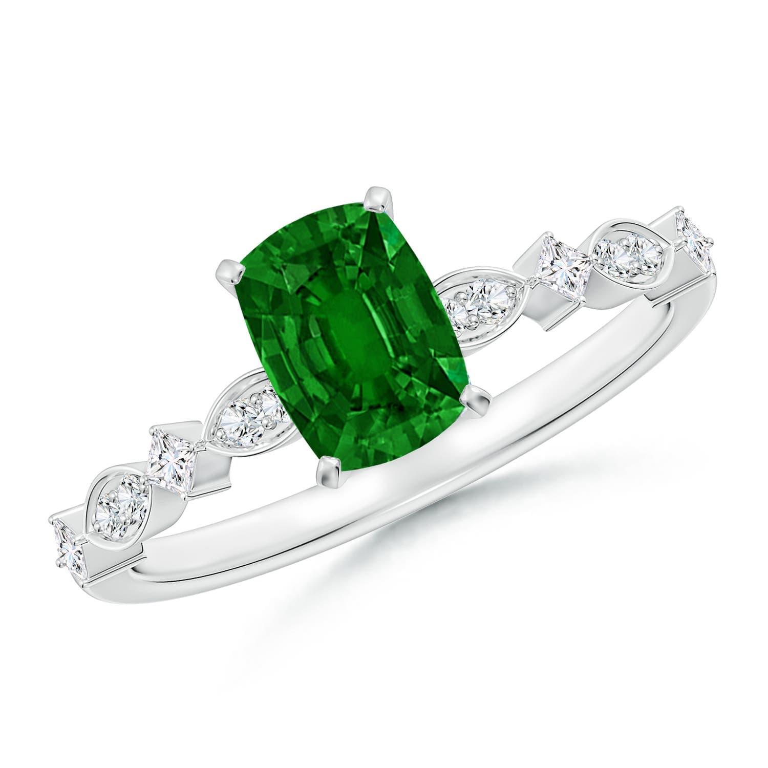 Cushion Rectangular Emerald Engagement Ring with Marquise Motifs