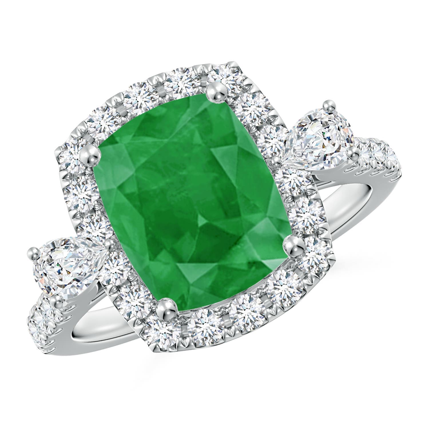 Cushion Rectangular Emerald Halo Side Stone Engagement Ring