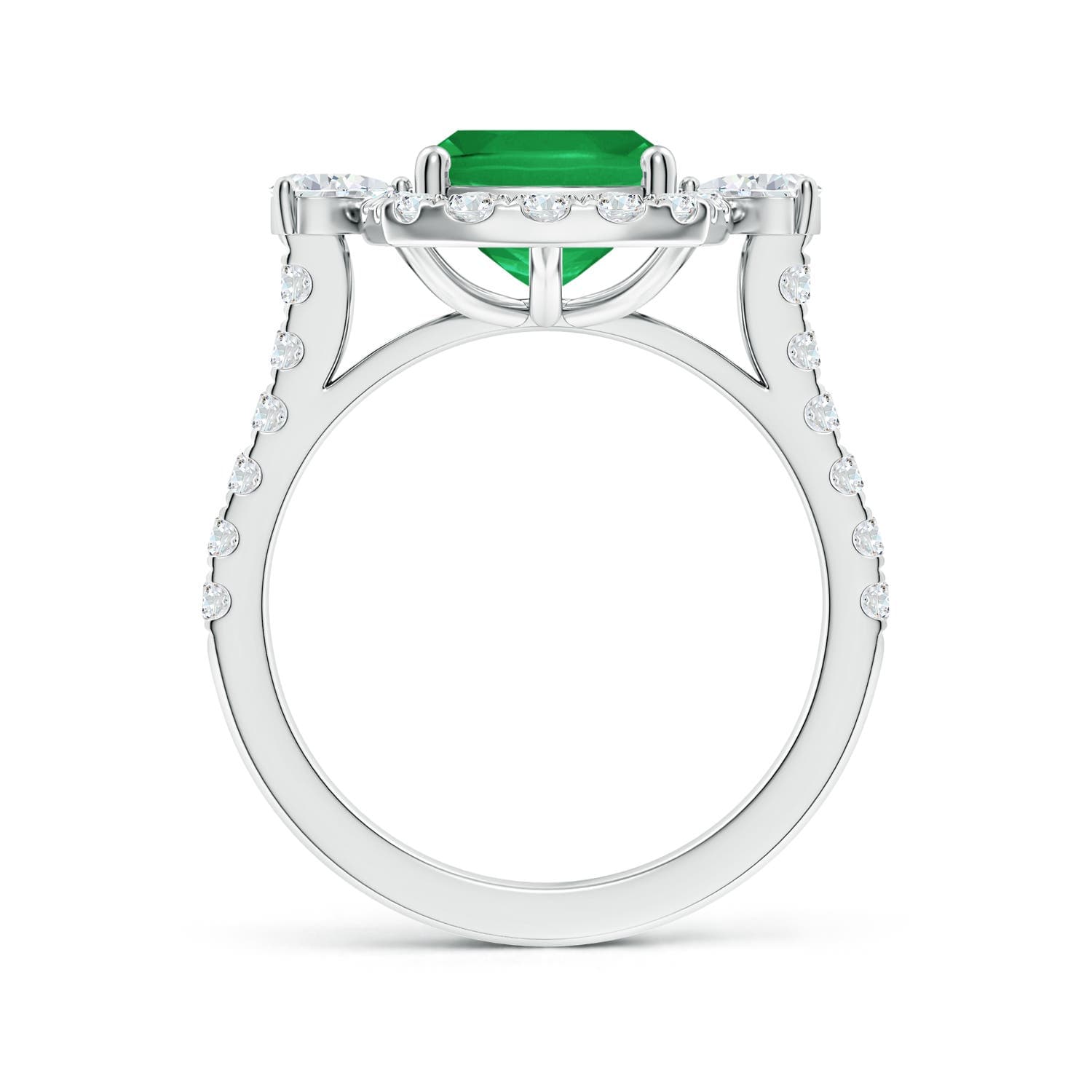 Cushion Rectangular Emerald Halo Side Stone Engagement Ring