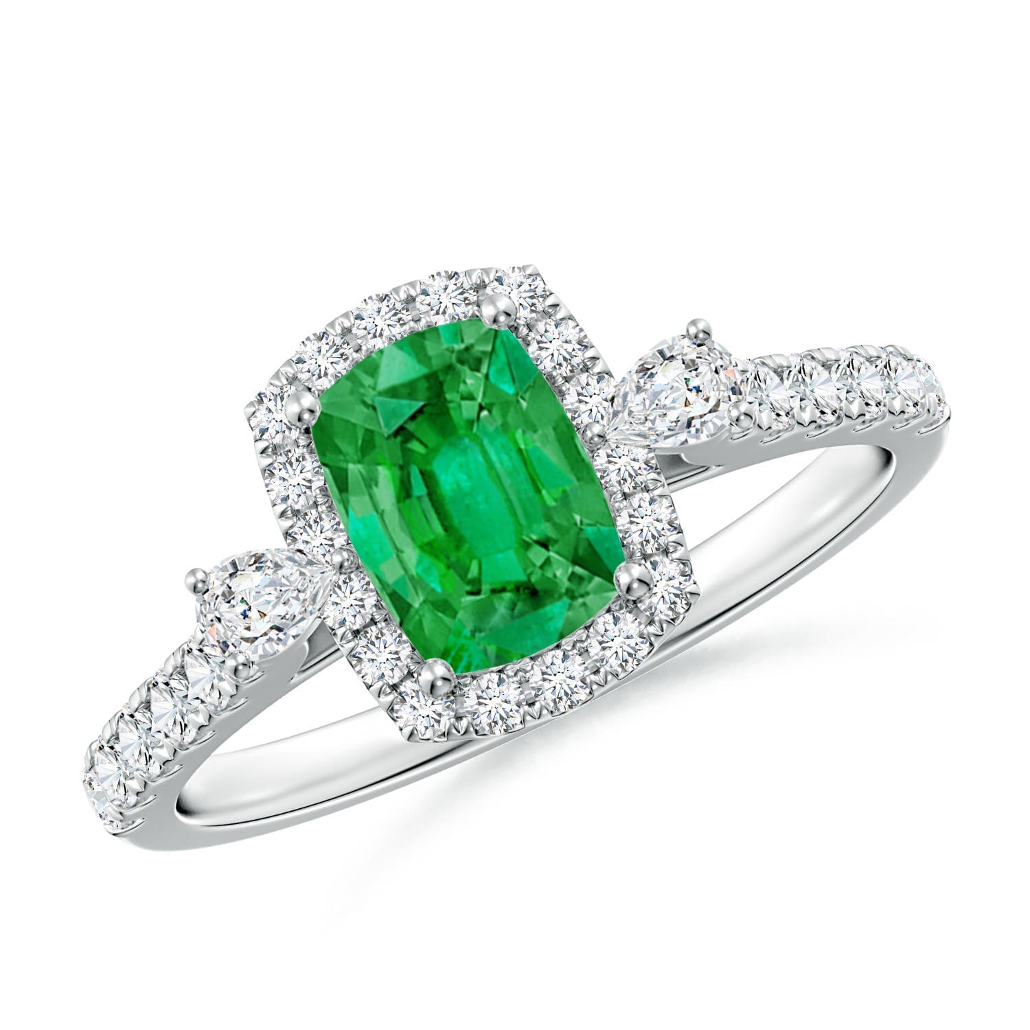 Cushion Rectangular Emerald Halo Side Stone Engagement Ring
