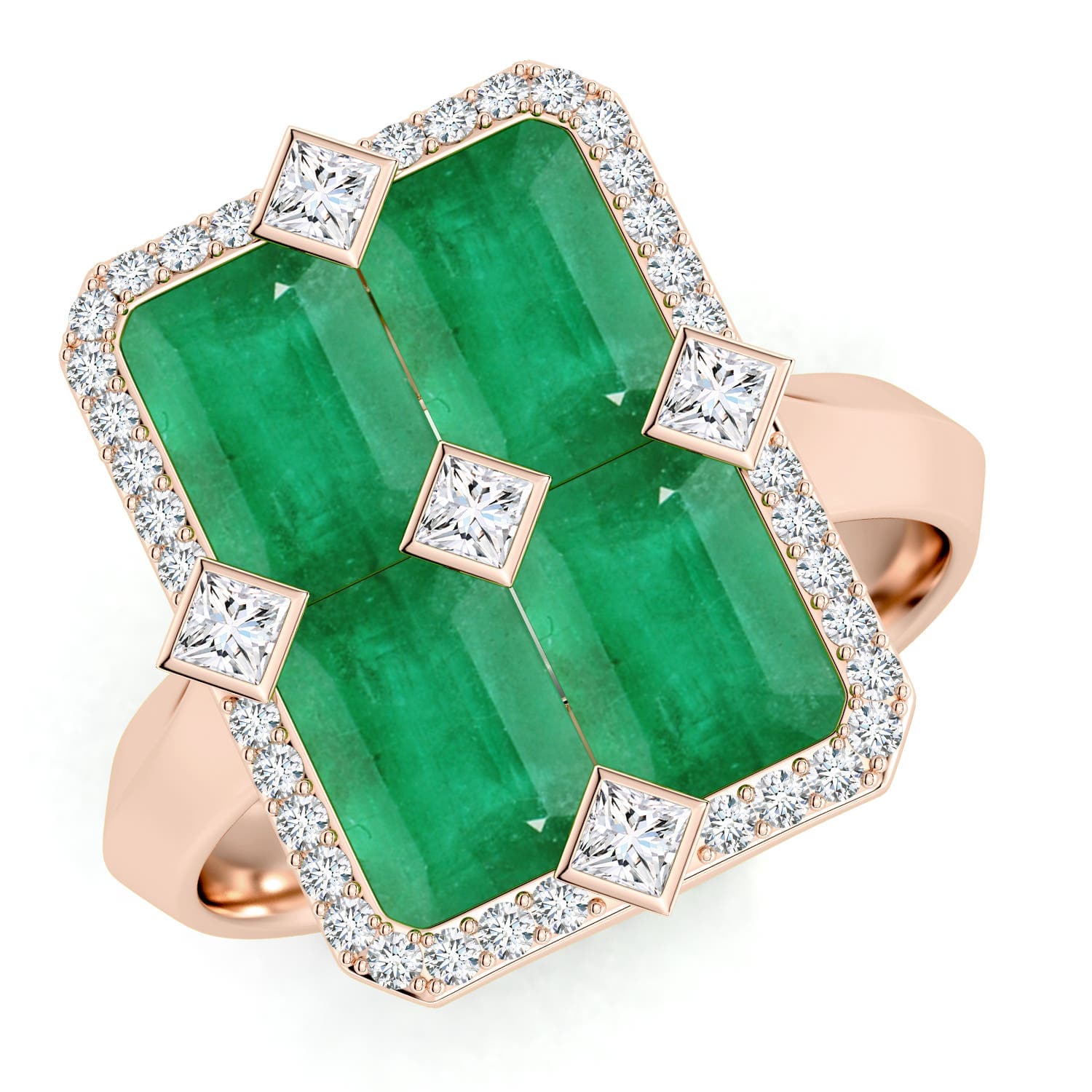 Pressure-Set Emerald-Cut Emerald Geometric Halo Ring