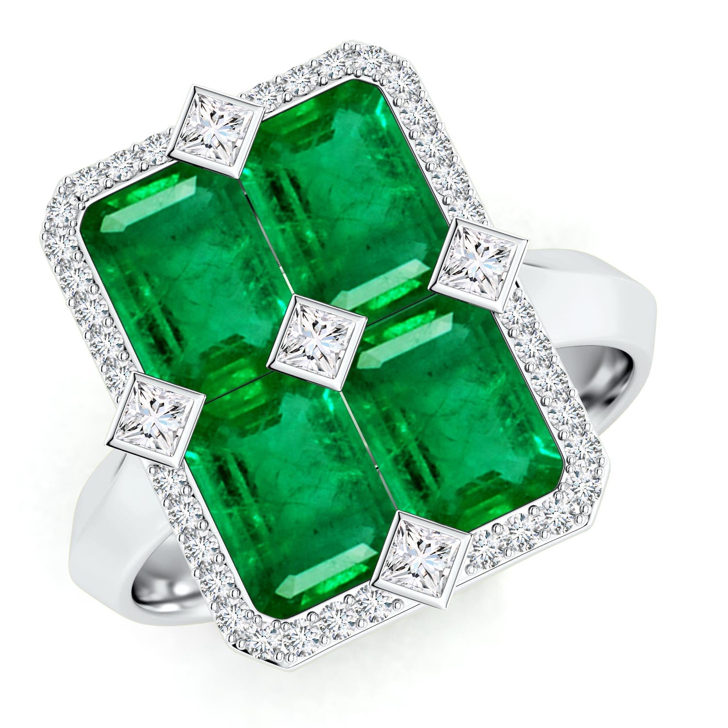 Pressure-Set Emerald-Cut Emerald Geometric Halo Ring