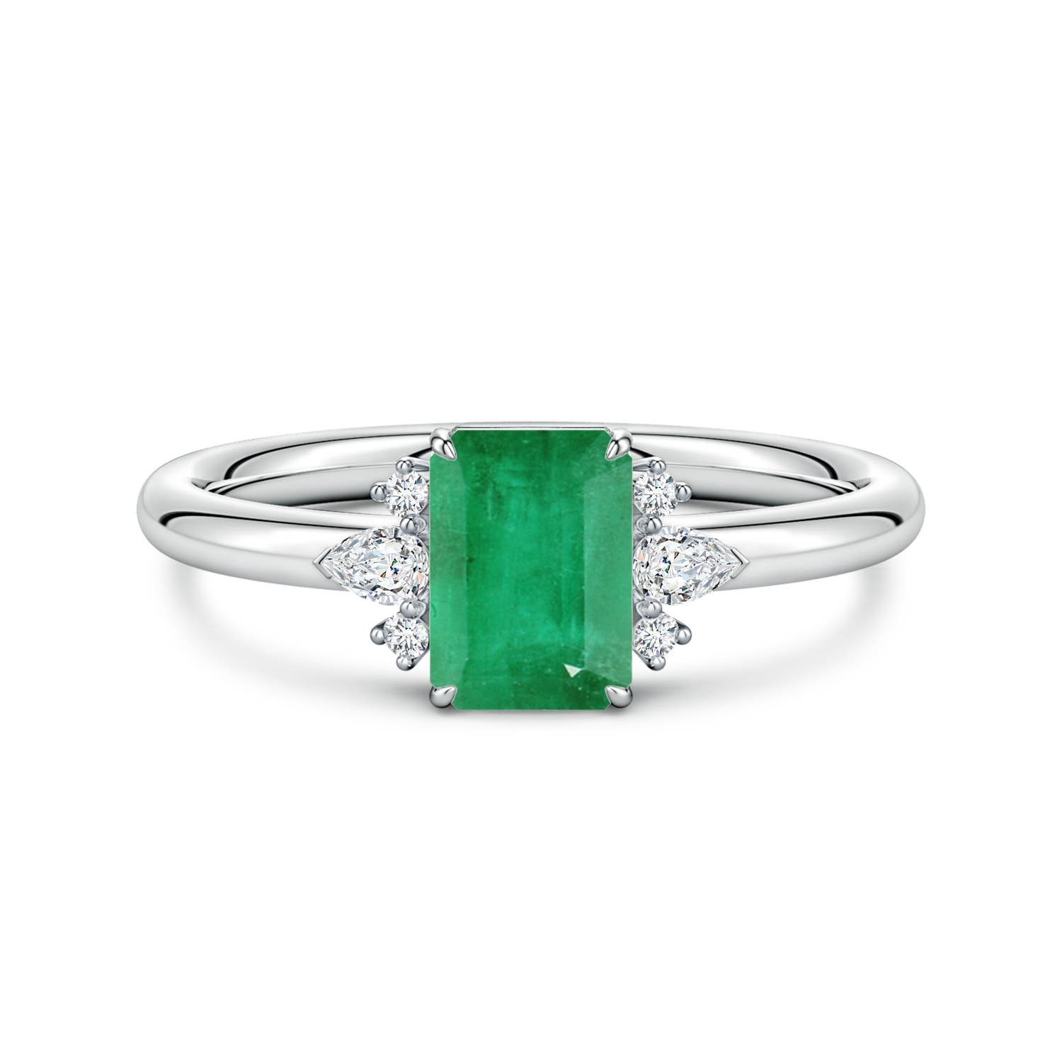 Four-Claw Prong Emerald-Cut Emerald Side Stone Engagement Ring