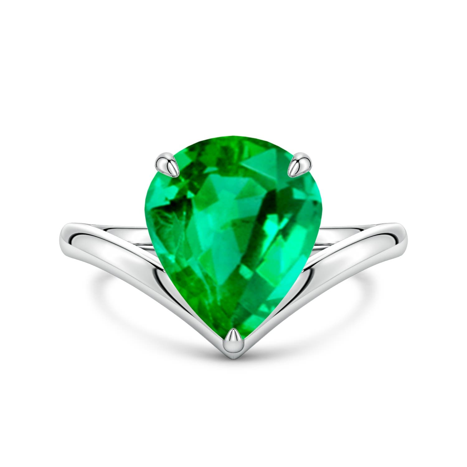Solitaire Pear Emerald V-Shaped Engagement Ring
