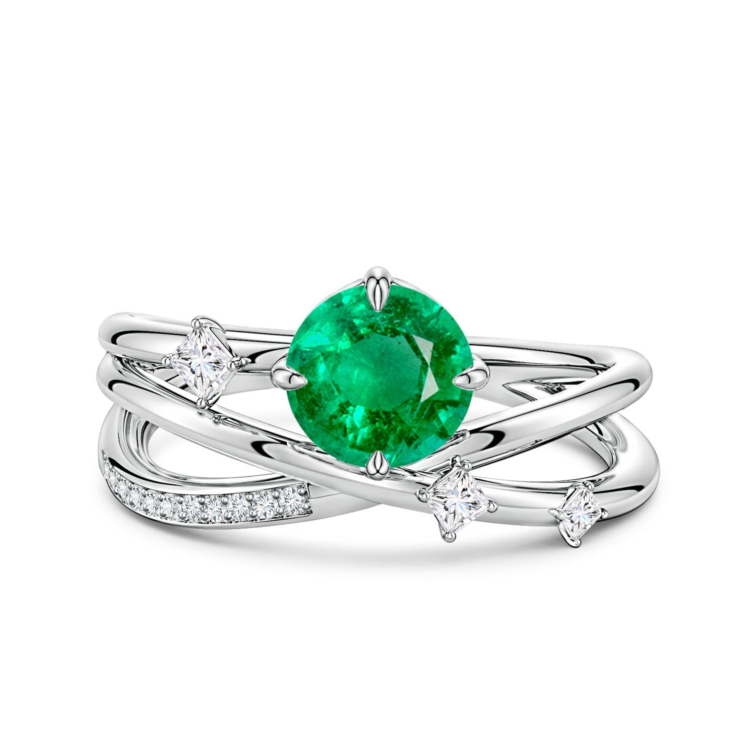 Round Emerald Crossover Engagement Ring with Scattered Accents