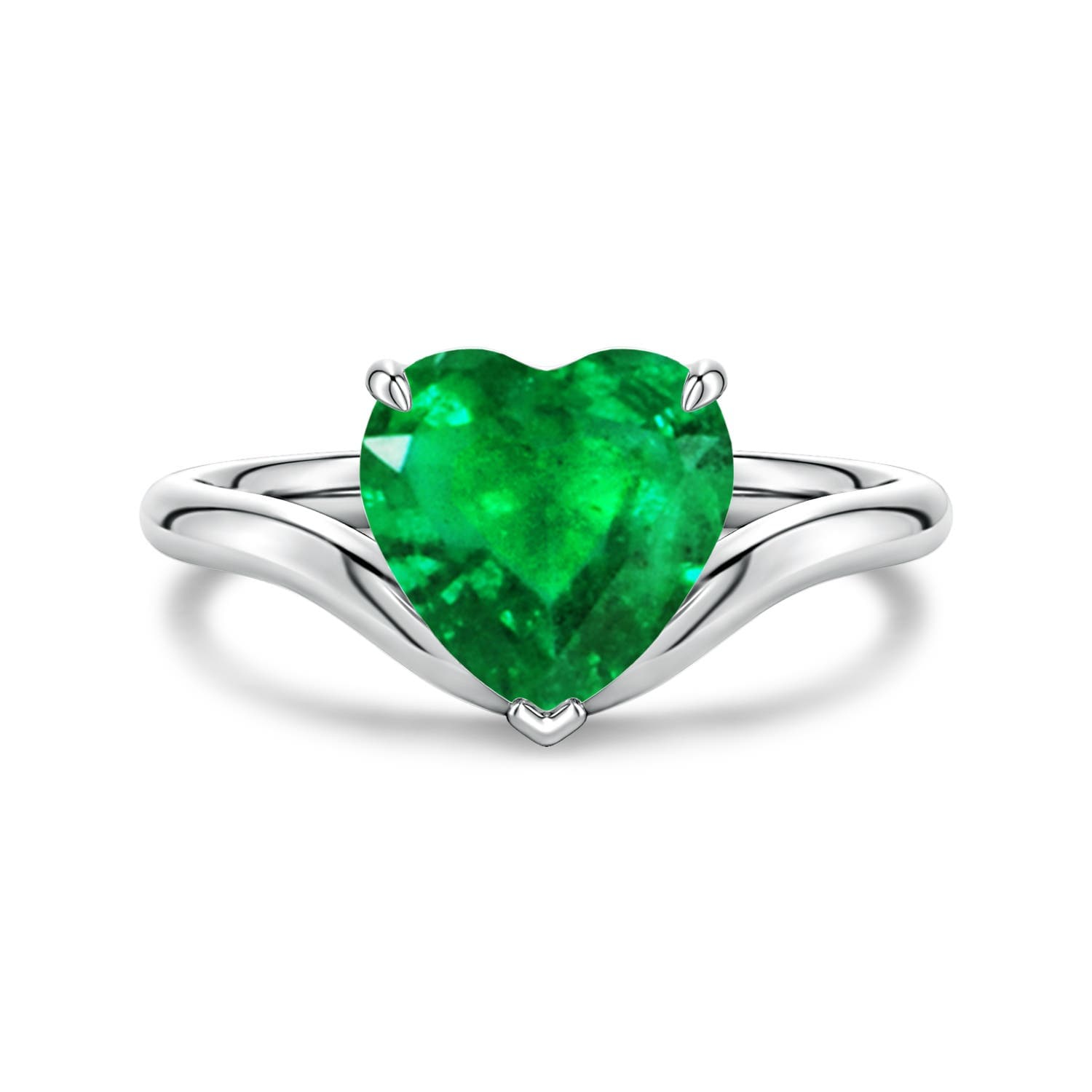 Solitaire Heart-Shaped Emerald Curved Shank Engagement Ring