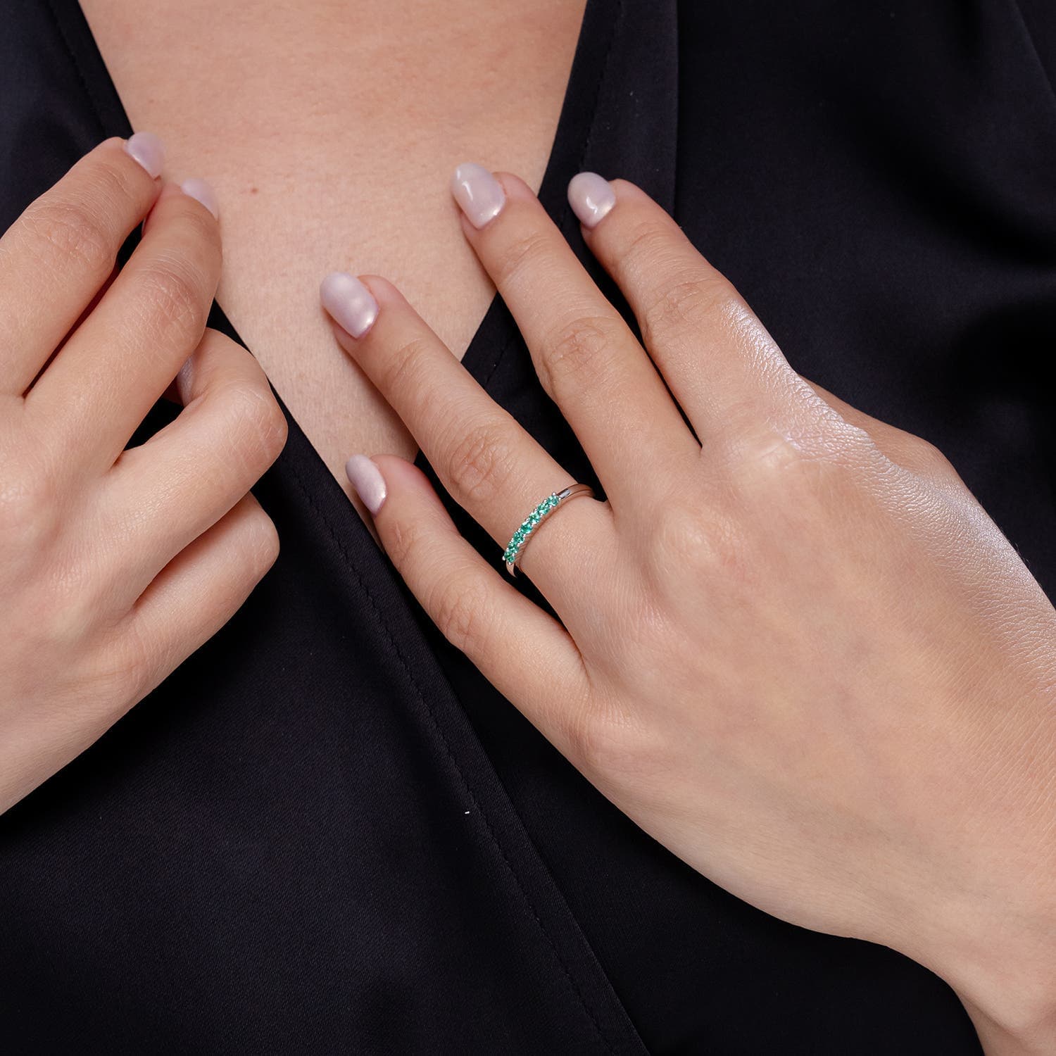 Half Eternity Seven Stone Emerald Wedding Ring