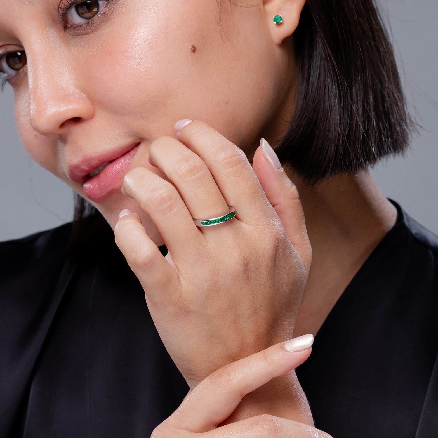 Channel Set Square Emerald Half Eternity Ring