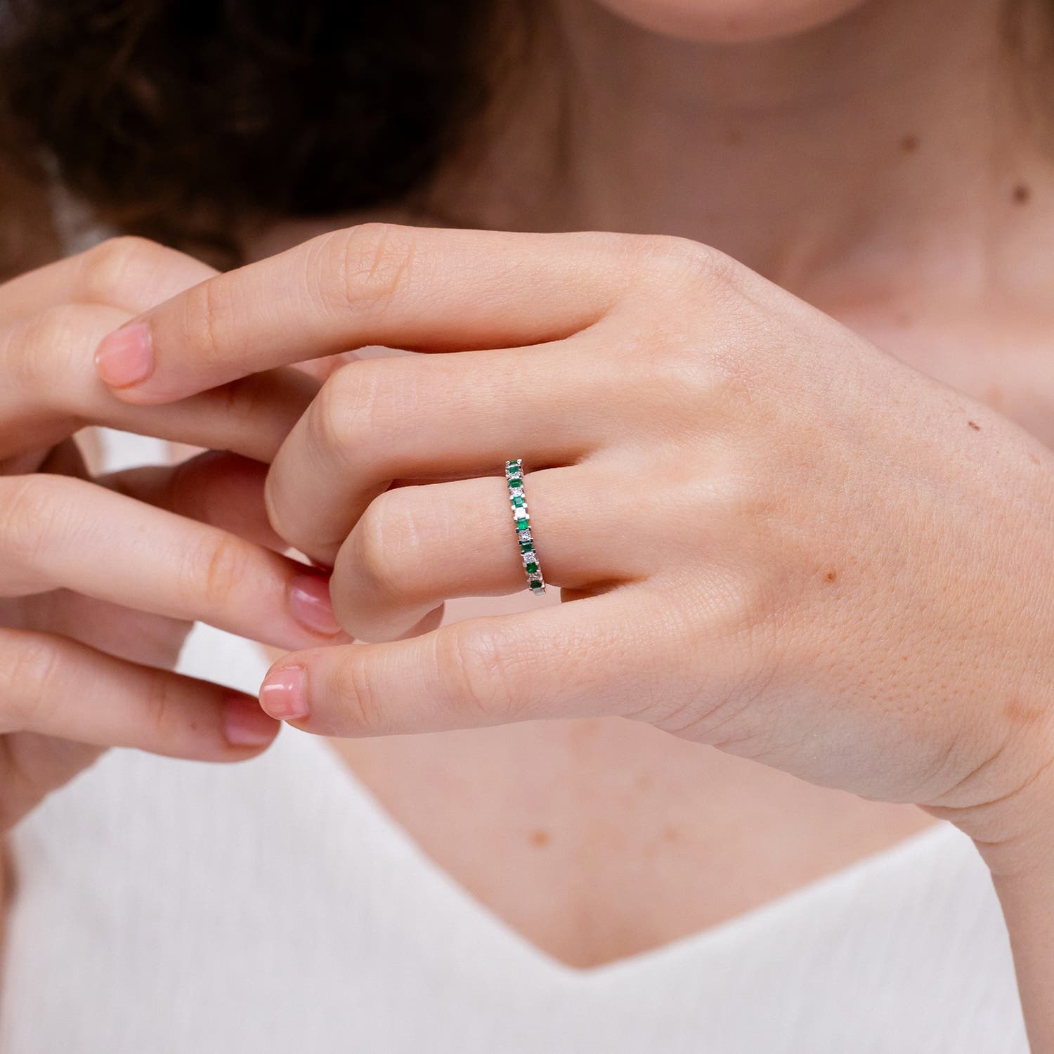 Square Emerald and Princess Diamond Semi Eternity Classic Wedding Ring