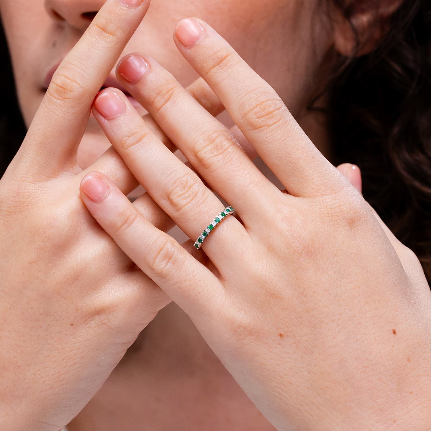 Square Emerald and Princess Diamond Semi Eternity Classic Wedding Ring