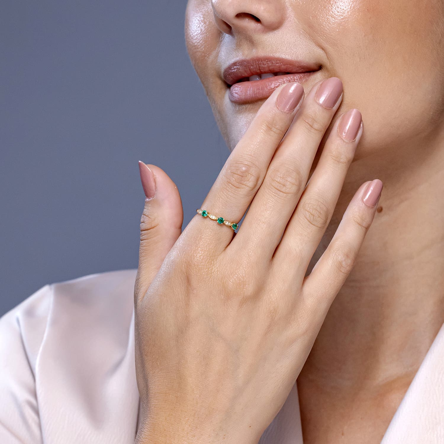 Emerald & Diamond Marquise and Dot Ring