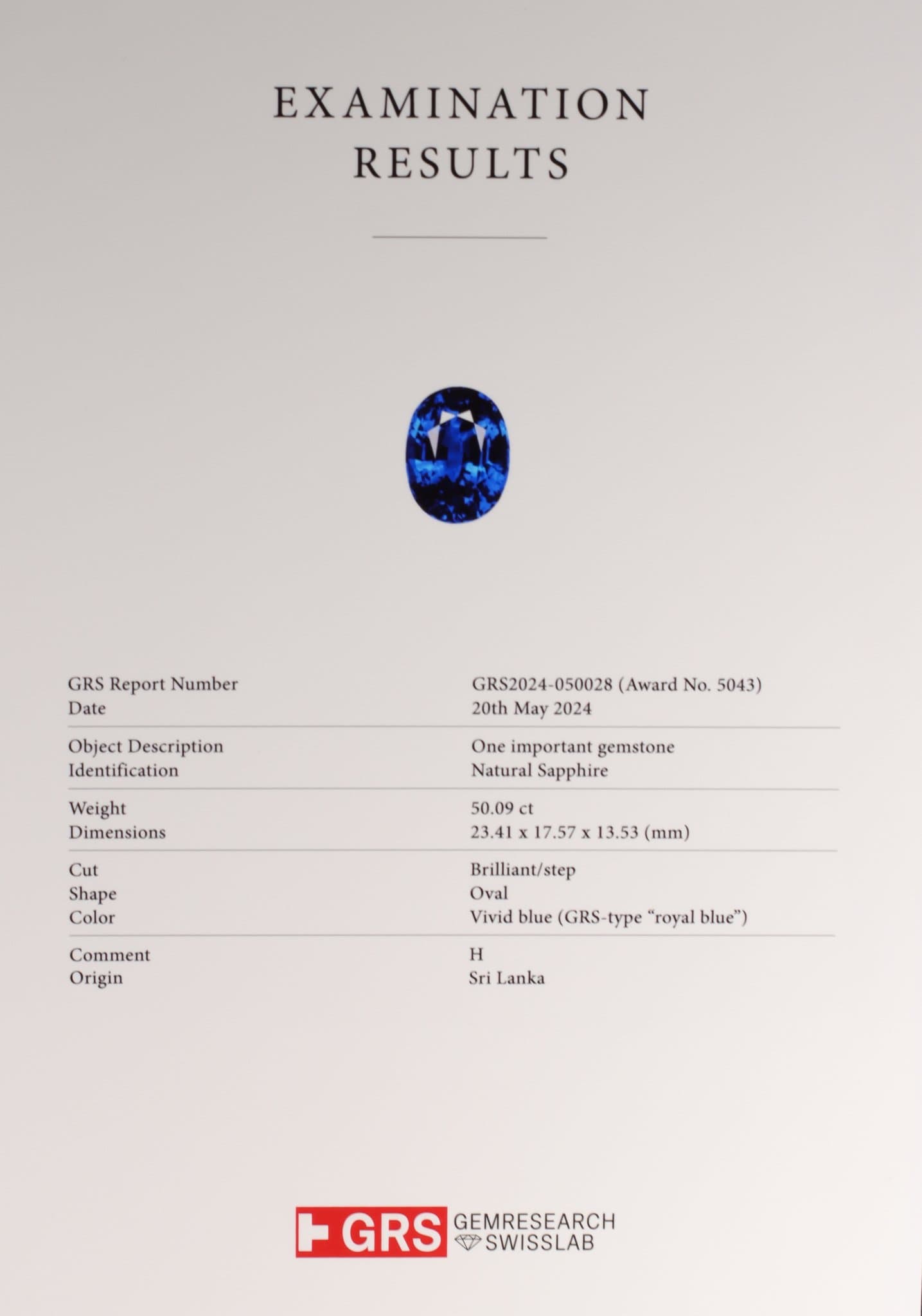 Investment Royal Blue sapphire in oval cut 50.09 ct, Sri Lanka, GRS ID 9840