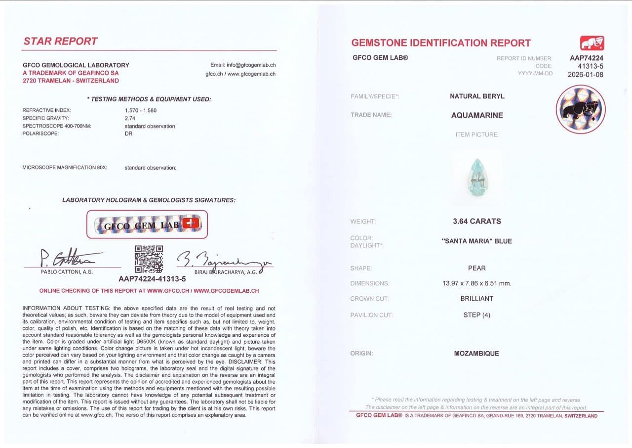 Aquamarine Santa Maria pear cut 3.64 carats, Mozambique ID 10848
