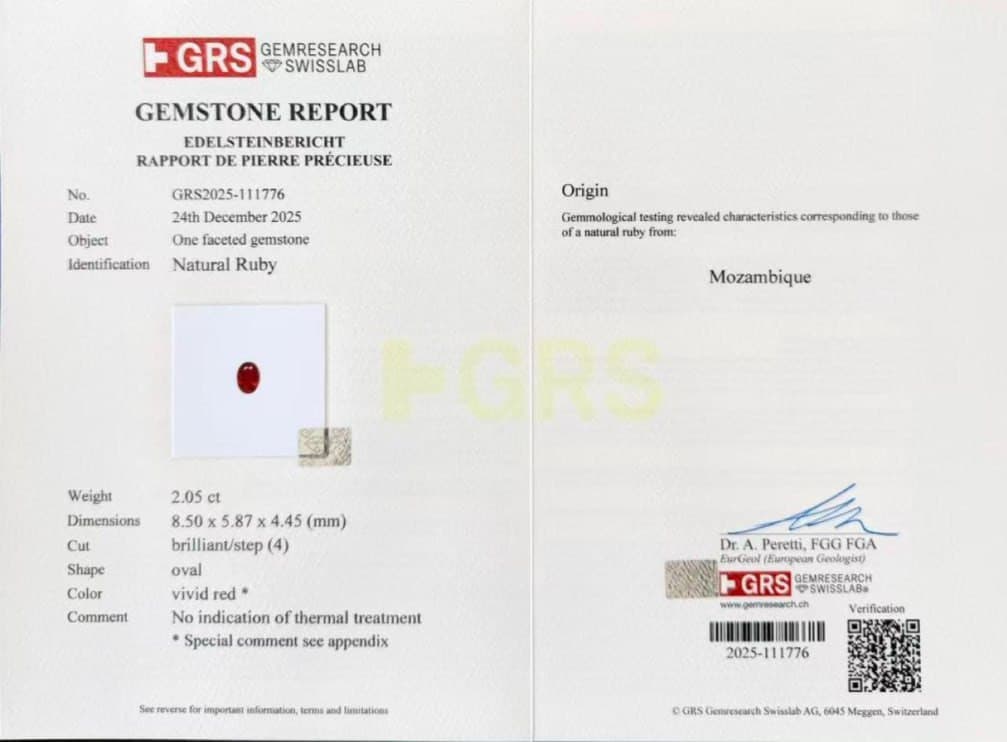 Unheated ruby Pigeon blood oval cut 2.05 carats, Mozambique. GRS ID 10973
