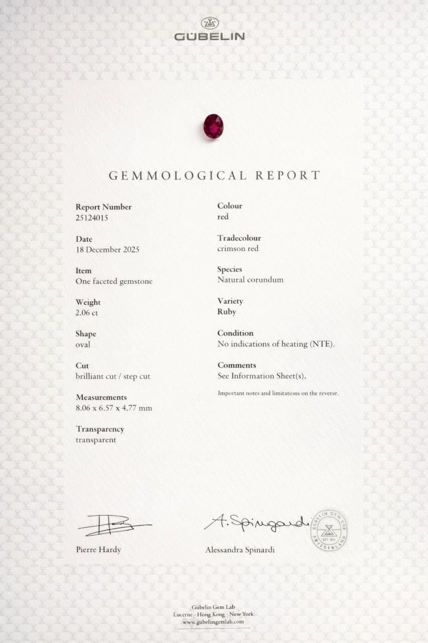 Unheated ruby Crimson Red oval cut 2.06 carats, Mozambique. Gubelin ID 10974