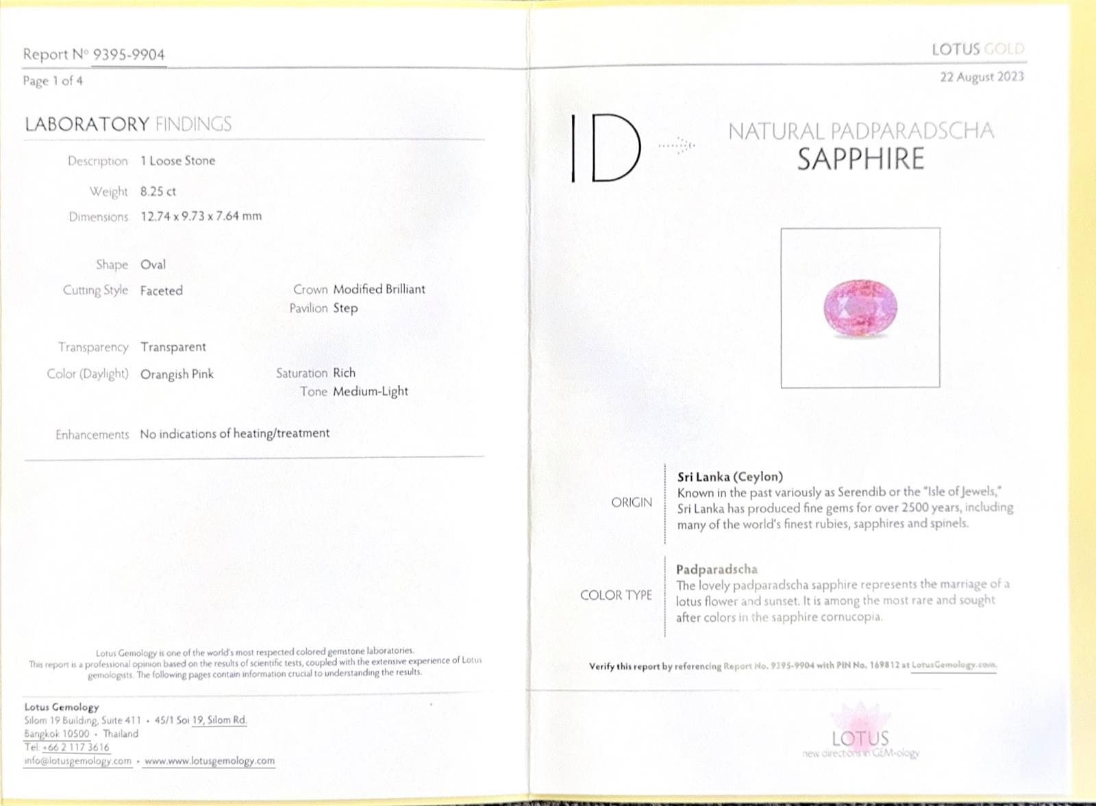 Unheated Padparadscha sapphire oval cut 8.25 carats, Sri Lanka ID 11979