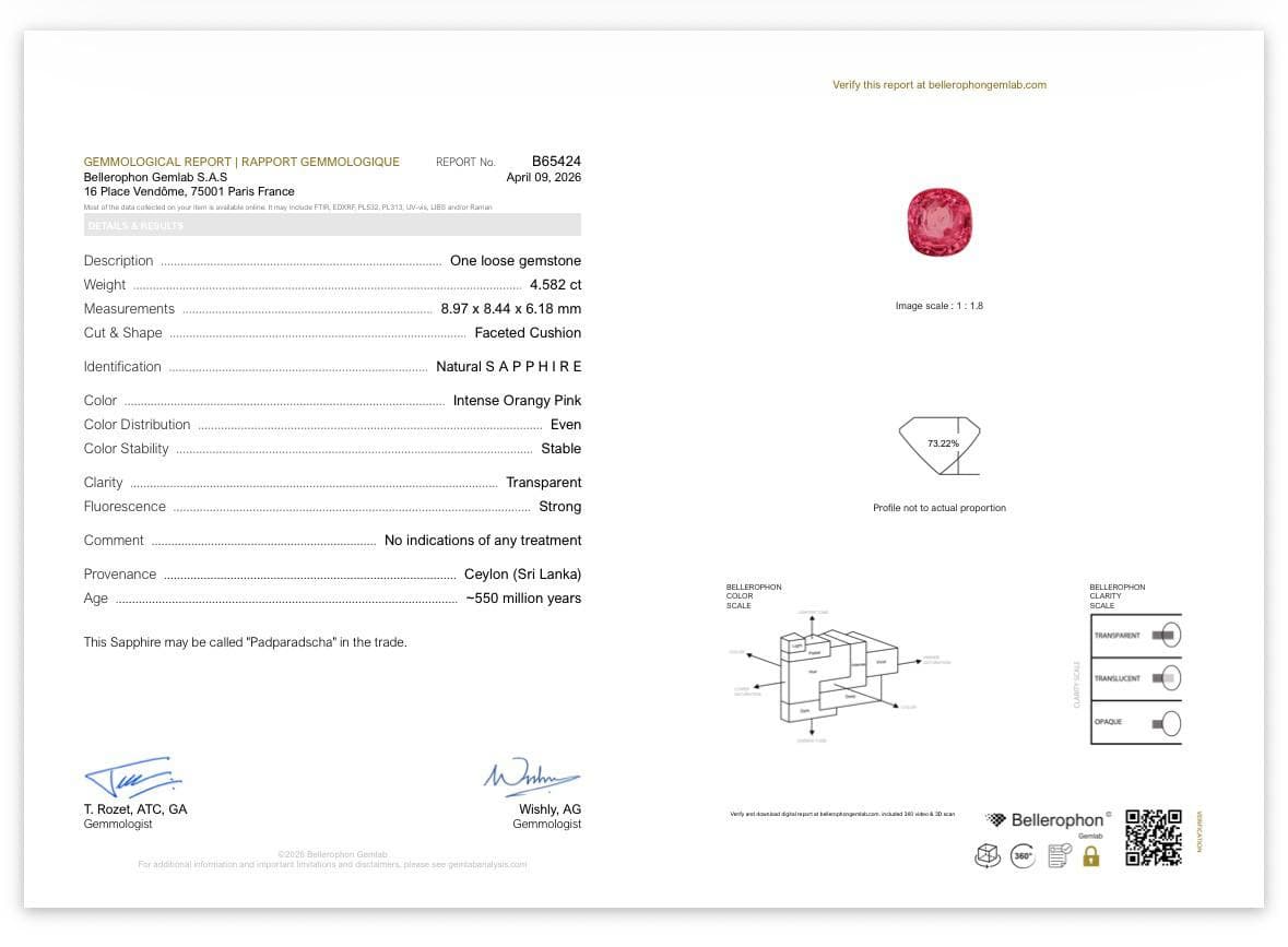 Unheated Padparadscha sapphire cushion cut 4.58 carats, Sri Lanka ID 11980