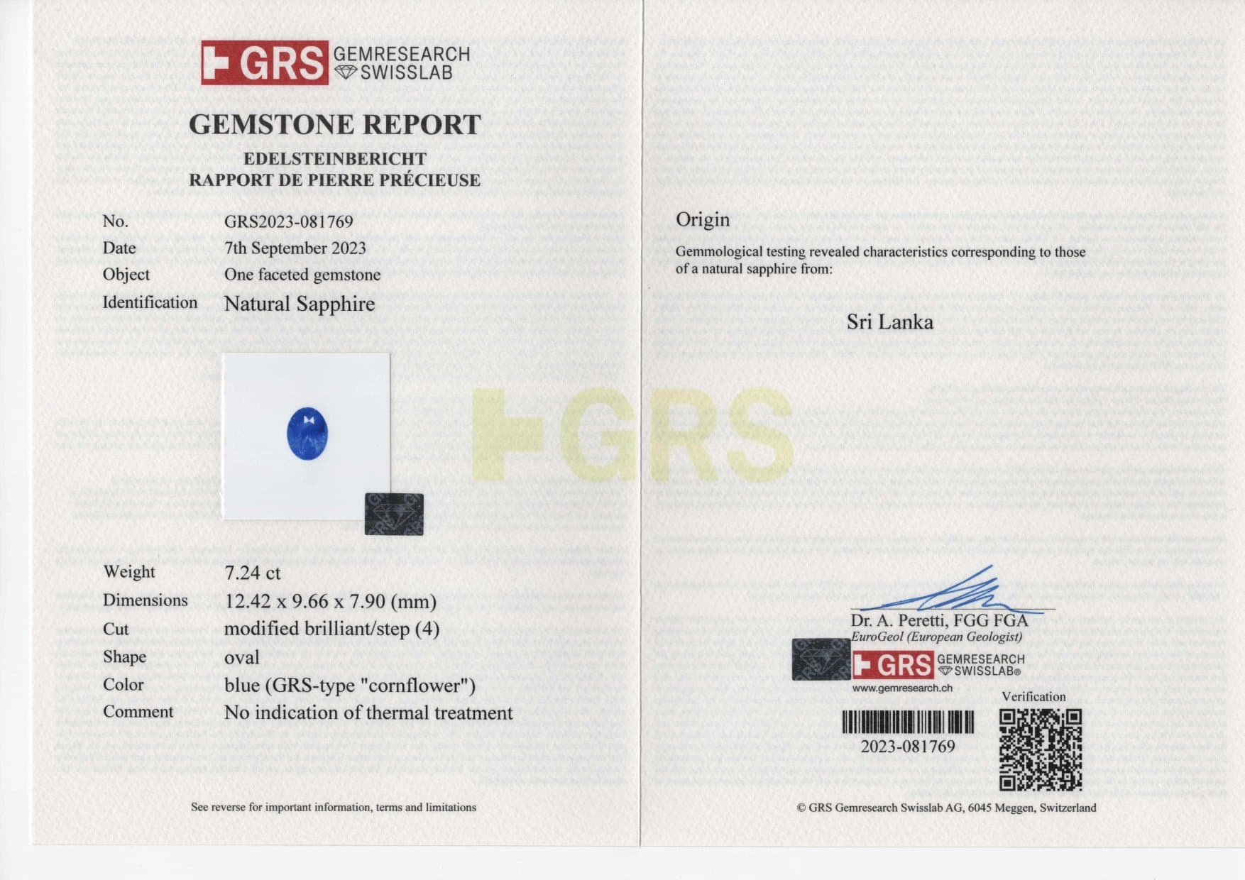 Unique unheated Cornflower Blue sapphire in oval cut 7.24 carats, Sri Lanka ID 8931