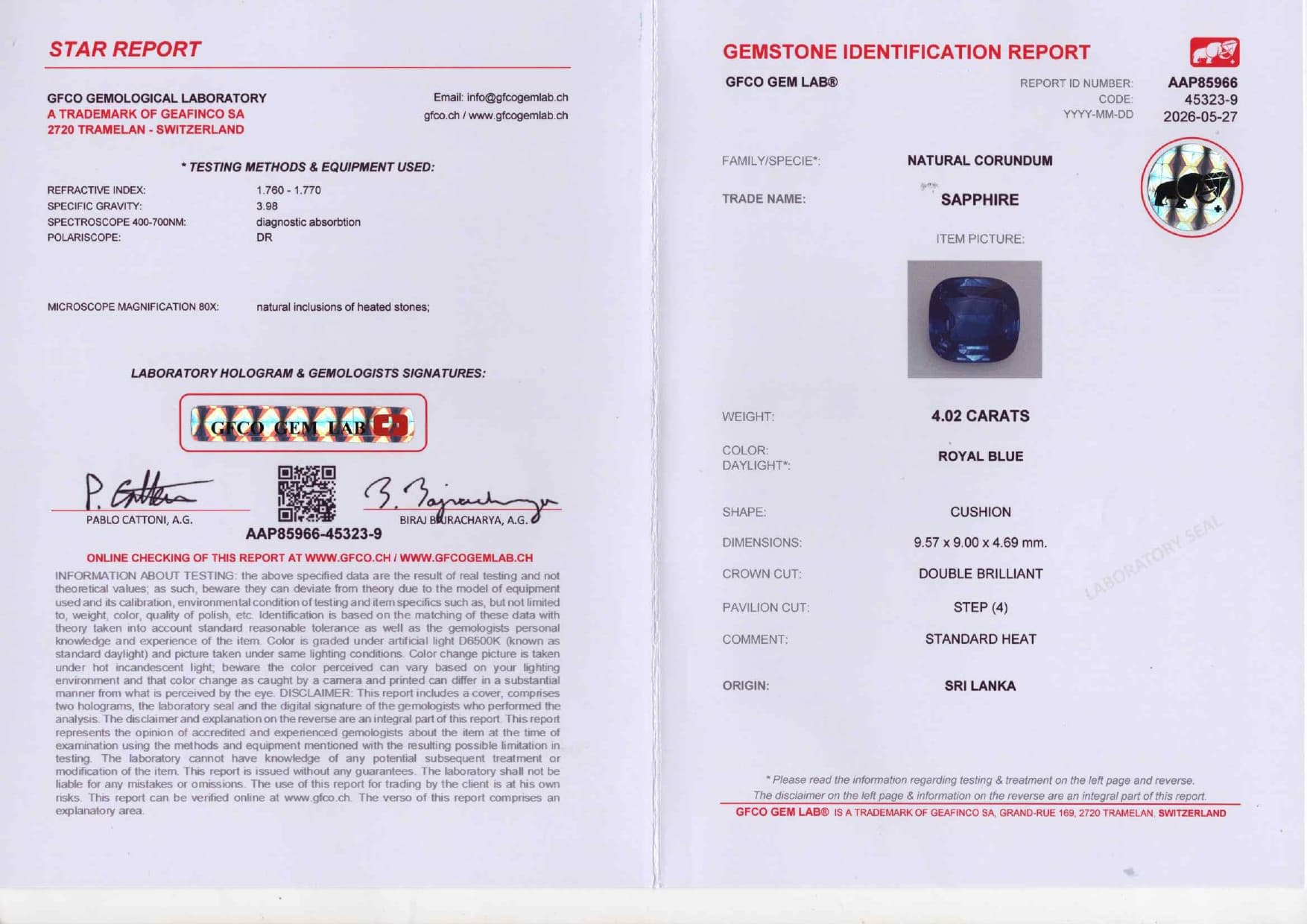 Royal Blue sapphire in cushion cut 4.02 carats, Sri Lanka ID 11687