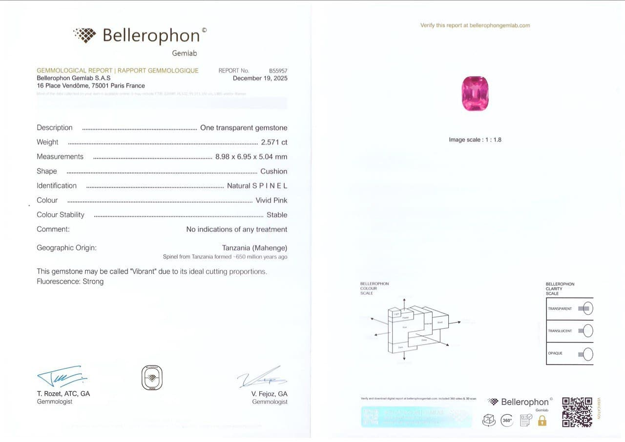 Vibrant Vivid Pink Mahenge spinel in cushion cut 2.57 carats, Tanzania ID 10788