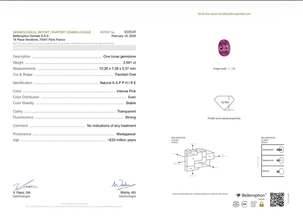 Unheated Intense Pink sapphire in oval cut 3.59 carats, Madagascar ID 11091