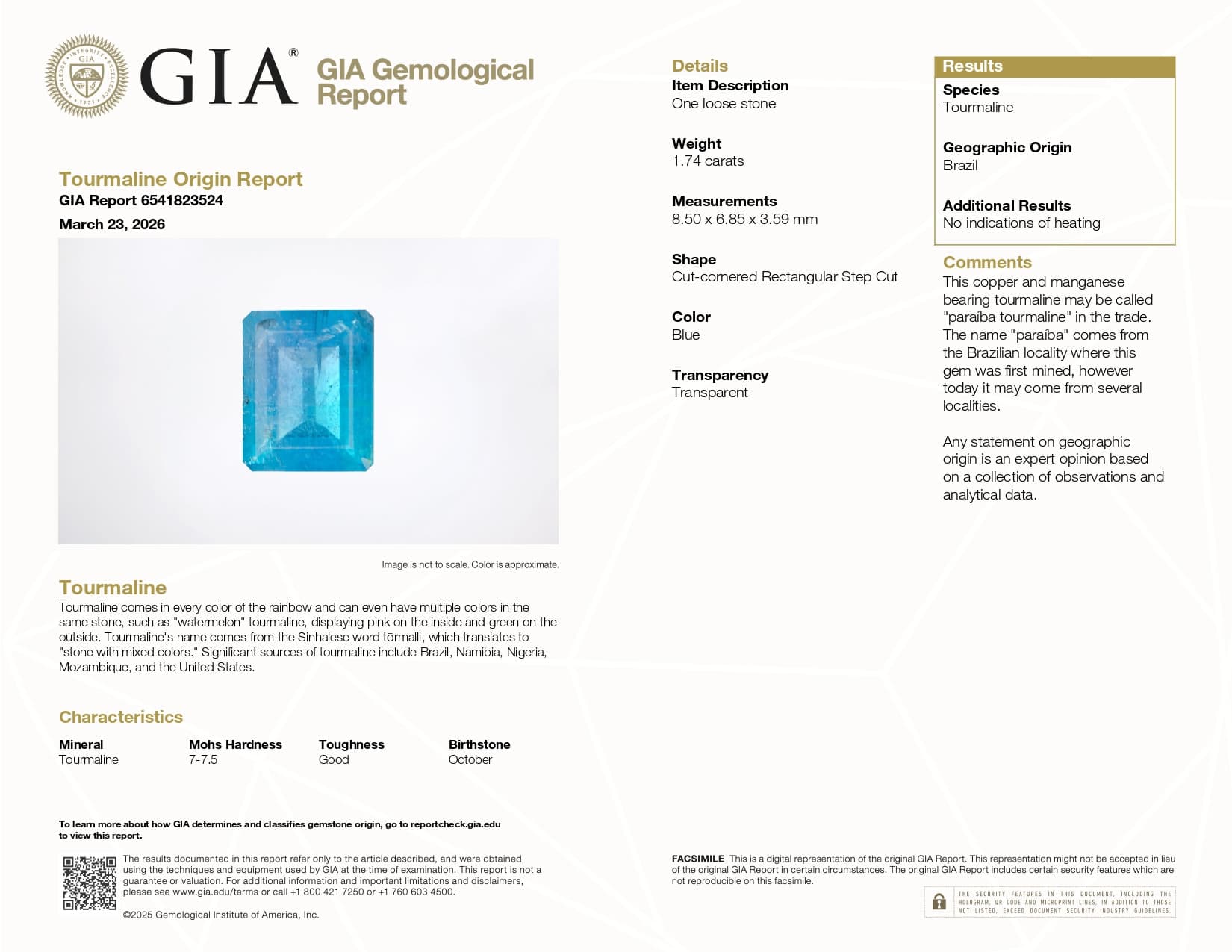 Unheated tourmaline Paraiba octagon cut 1.74 carats, Brazil ID 11492