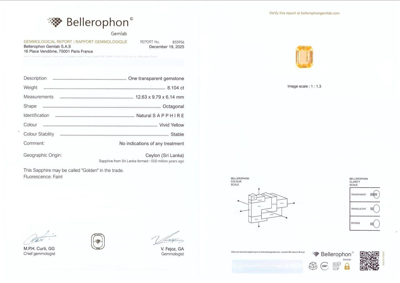 Unheated Golden Vivid Yellow sapphire in octagon cut 8.10 carats, Sri Lanka ID 10796