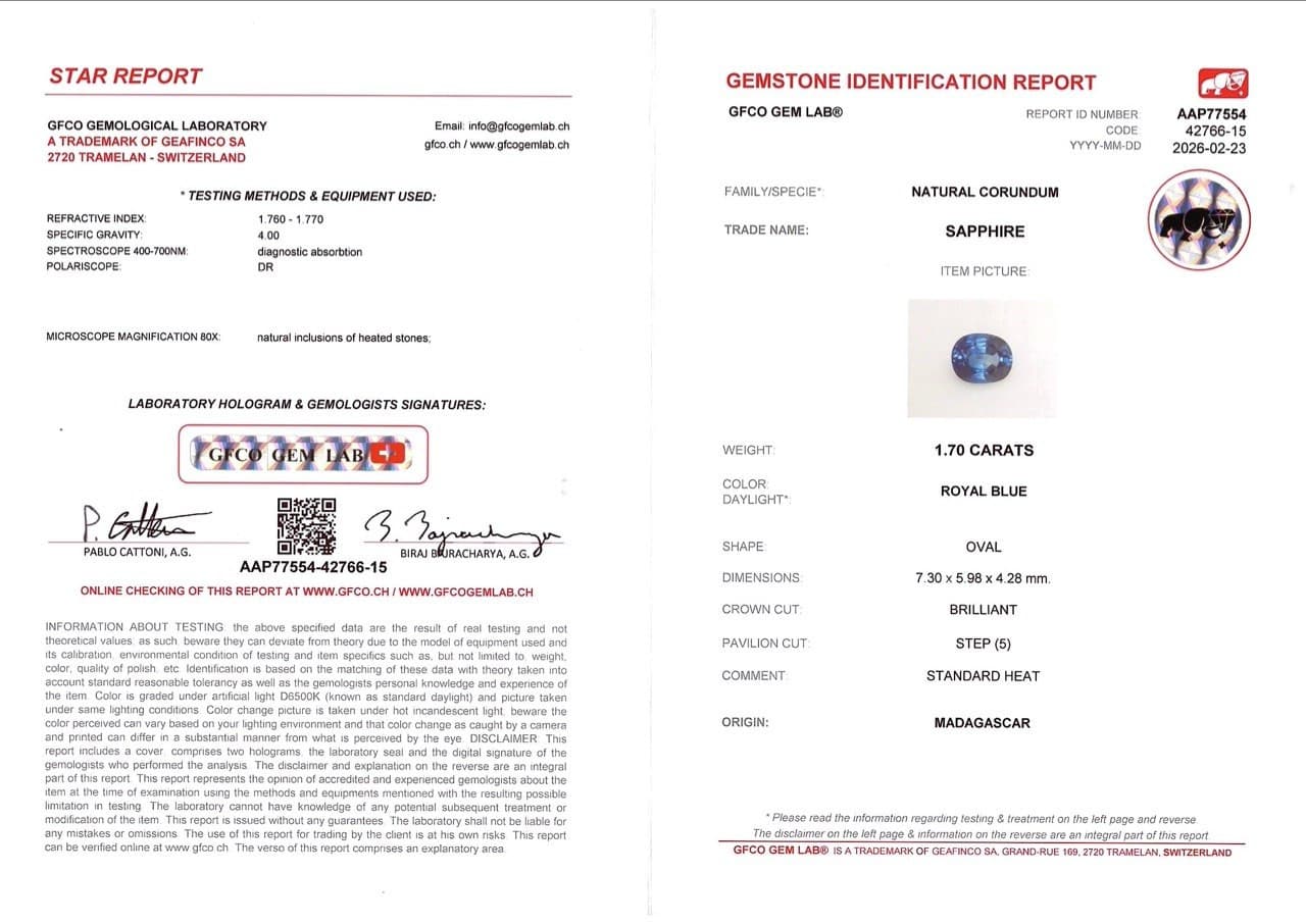 Sapphire Royal Blue oval cut 1.70 carats, Madagascar ID 11598