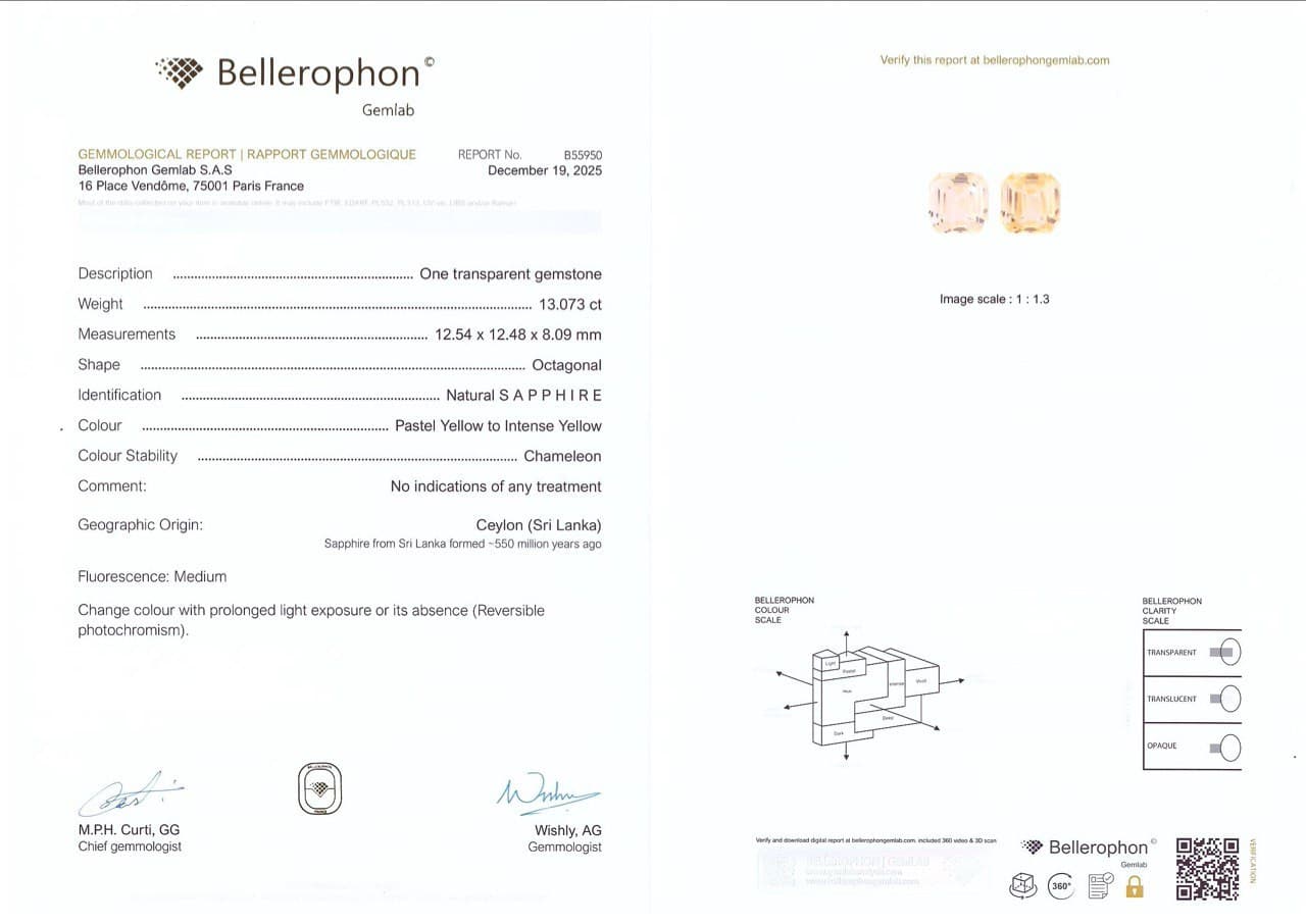 Unheated Intense Yellow sapphire in octagon 13.07 carats, Sri Lanka ID 10797