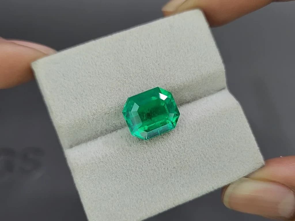Vivid Green emerald with rare Butterfly-wing effect Mariposa in octagon cut 5.67 carats, Colombia ID 11100