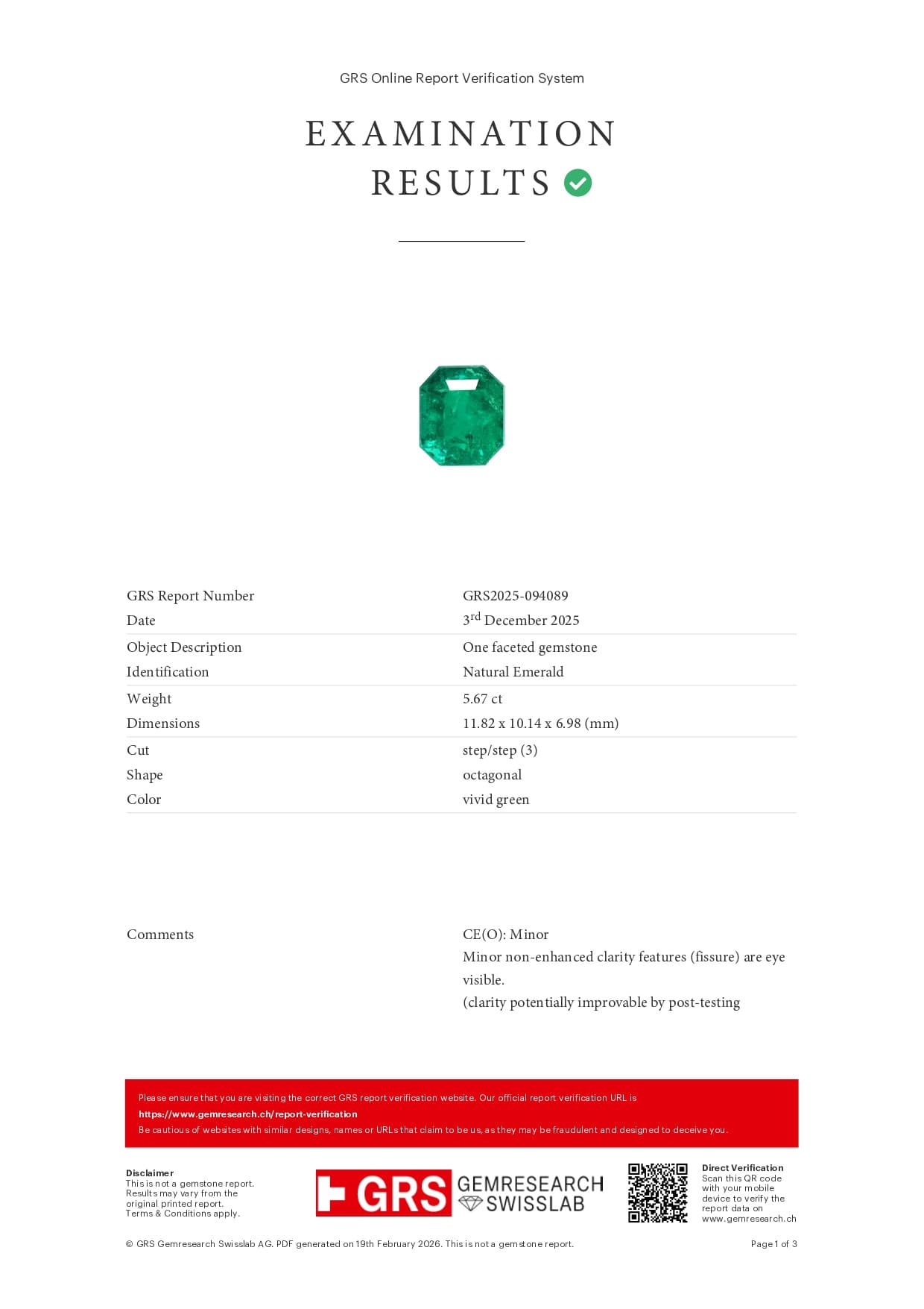 Vivid Green emerald with rare Butterfly-wing effect Mariposa in octagon cut 5.67 carats, Colombia ID 11100