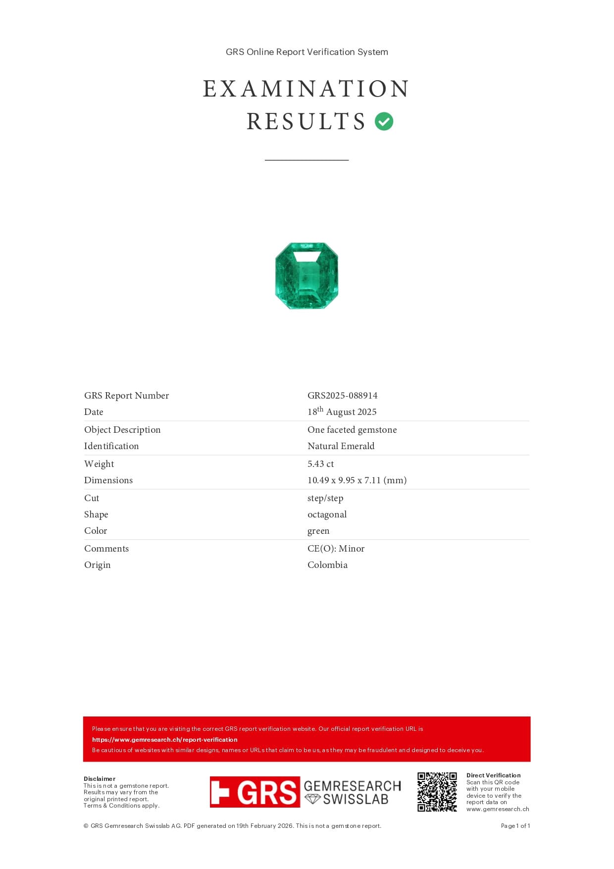 Intense green emerald in octagon cut 5.43 carats, Colombia ID 11101