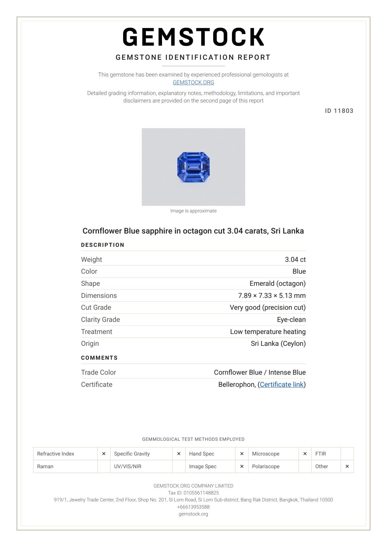 Cornflower Blue sapphire in octagon cut 3.04 carats, Sri Lanka ID 11803