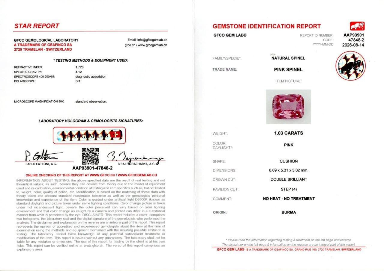 Pink spinel cushion cut 1.03 carats, Burma ID 12405