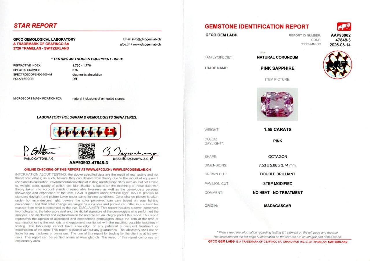 Unheated pink sapphire radiant cut 1.55 carats, Madagascar ID 12406