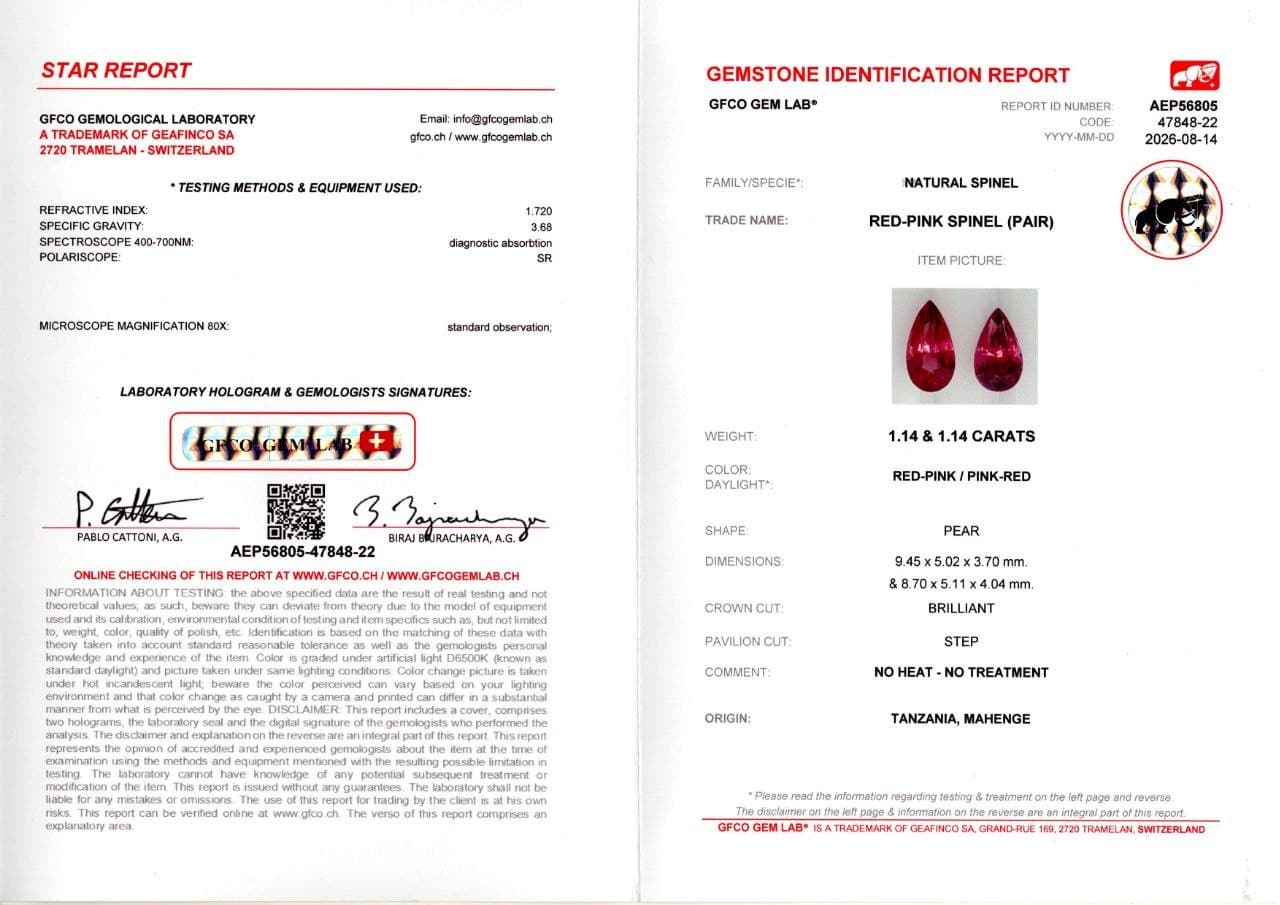 Pair of spinels red-pink Mahenge pear cut 2.28 carats, Tanzania ID 12407