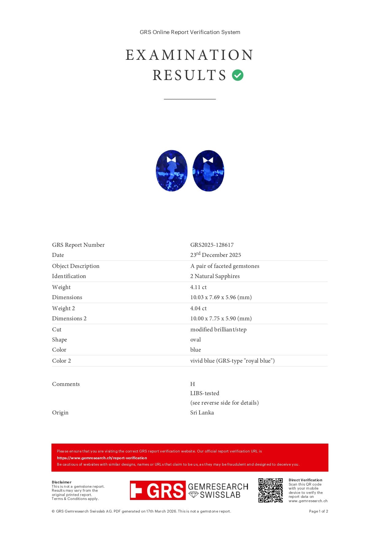 Pair of sapphires Royal Blue oval cut 8.15 carats, Sri Lanka ID 11408