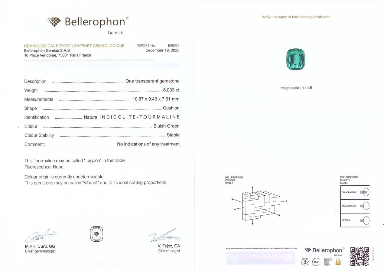 Vibrant Lagoon tourmaline in cushion cut 6.03 carats, Afghanistan ID 10808