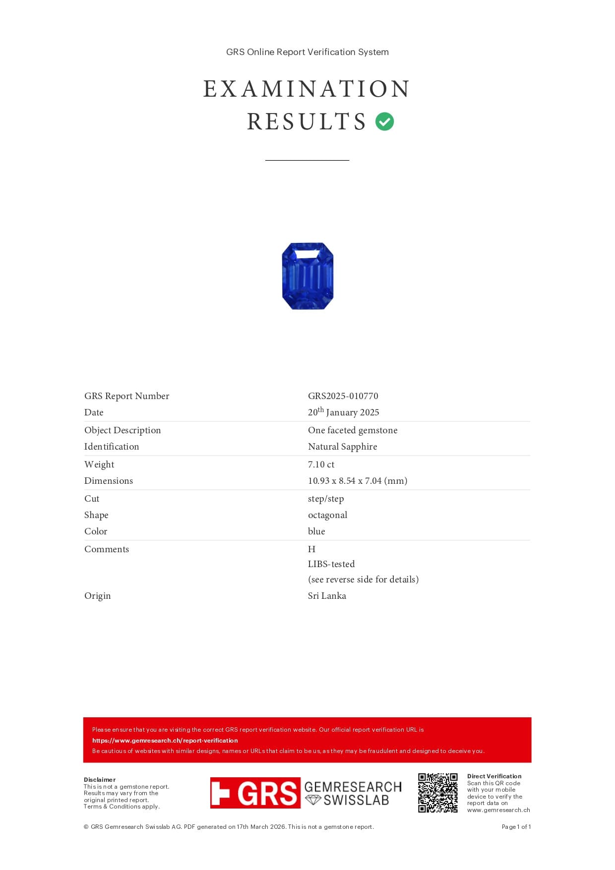 Rare blue sapphire octagon cut 7.10 carats, Sri Lanka ID 11413