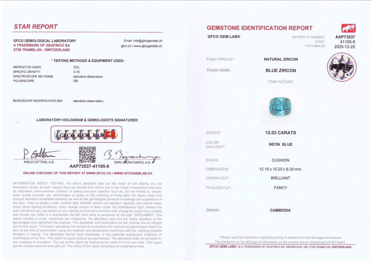 Blue zircon in cushion cut 12.03 carats, Cambodia ID 10823